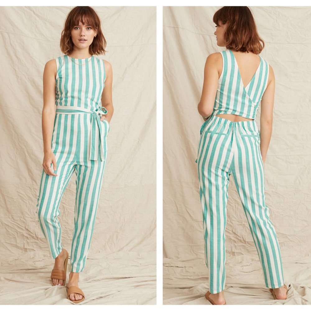 MARINE LAYER Eloise Jumpsuit Green Lake White Stripe {H42}